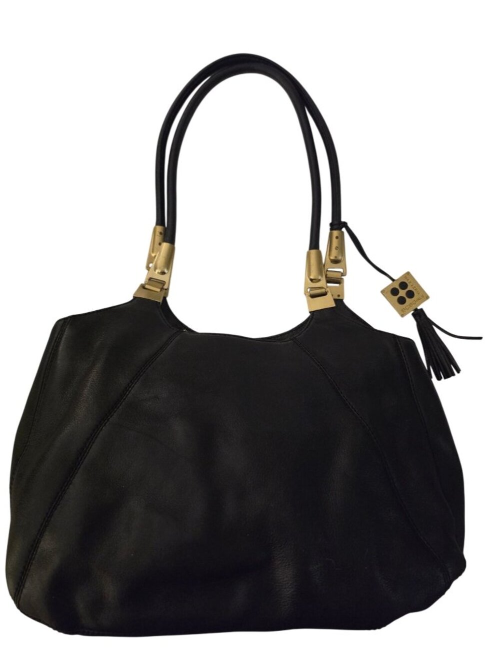BCBGirls Max Azria Black Leather Shoulder Tote Bag Gold Tone Hardware Tassel Zip
